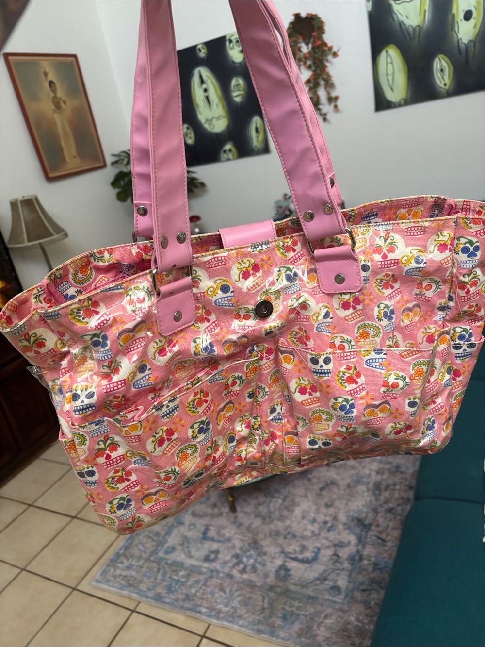 Pink Day of the Dead Print Tote Bag - Unbranded